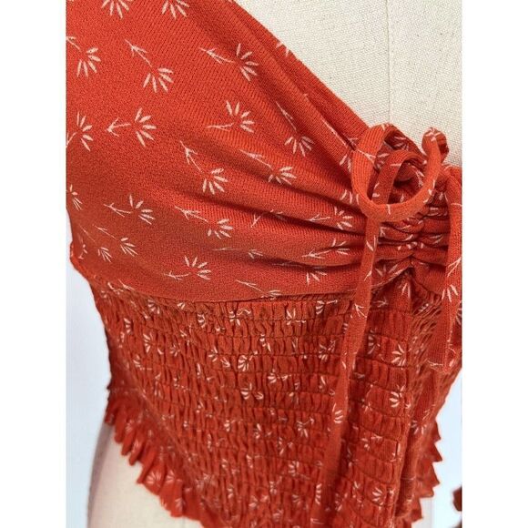 Urban Outfitters Womens Orange Top Smocked Crop Floral  Puff Sleeve Large - Picture 8 of 12